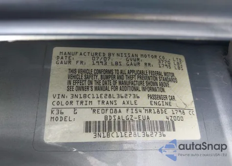 2008 Nissan Versa 1.8Sl from USA, damaged, VIN 3N1BC11E28L362736